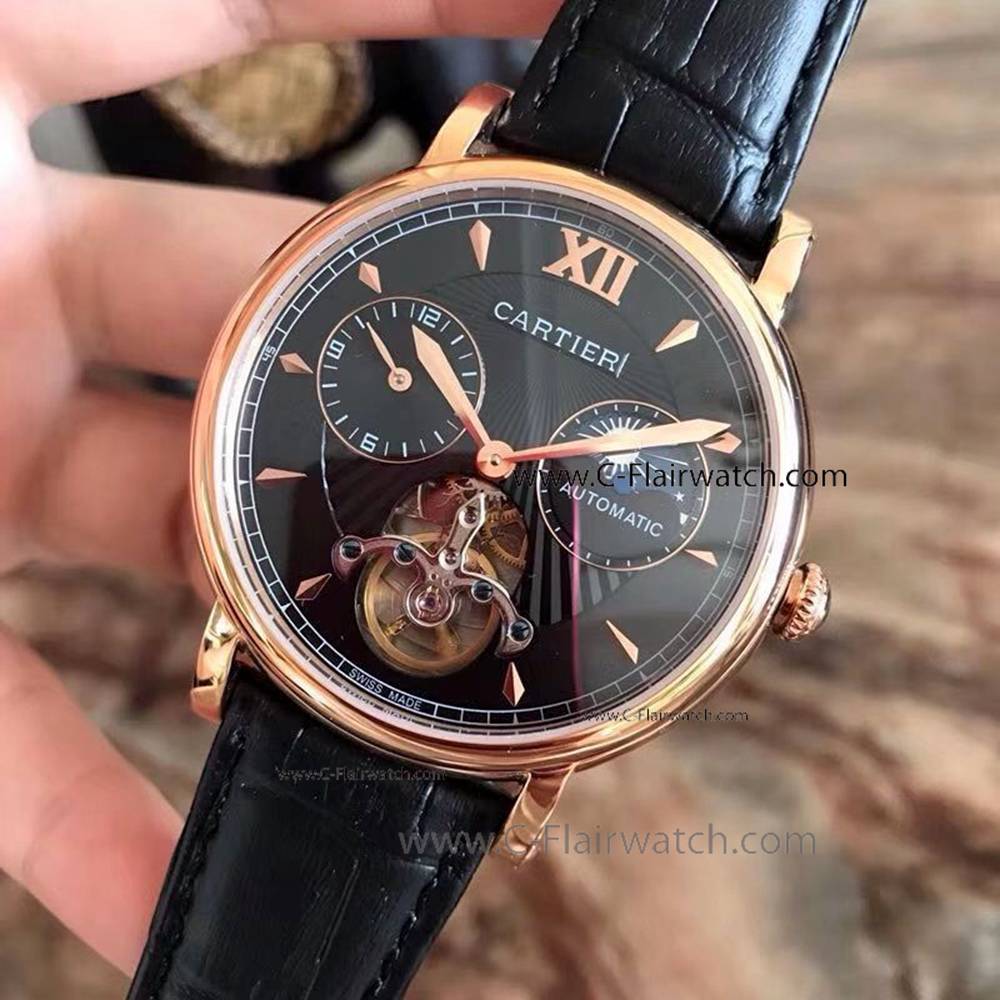 Cartier Moon Phase Black Face Watch Rose Gold Case